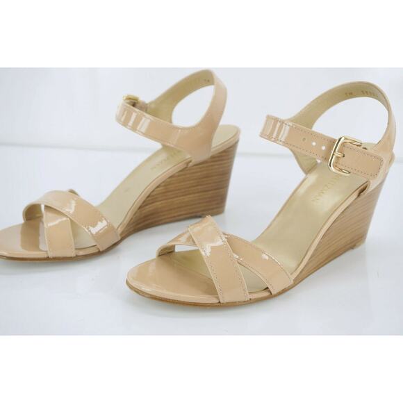 Stuart Weitzman Next Wedge Cross Ankle Sandals Nude Patent - Picture 3 of 10